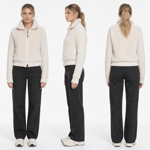 Off White Stand Collar Spliced Jacket | Rabbit Fleece & Rib Knit Cropped Layering Top