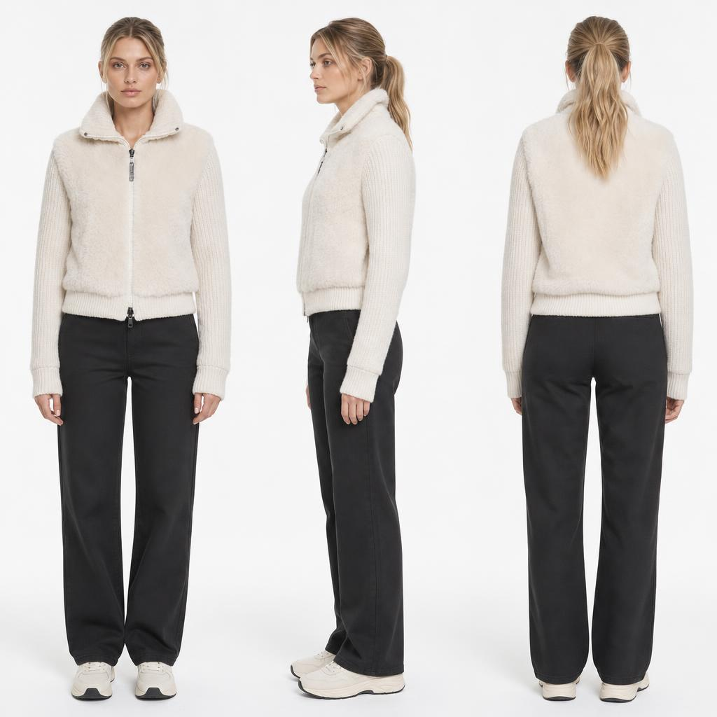 Off White Stand Collar Spliced Jacket | Rabbit Fleece & Rib Knit Cropped Layering Top