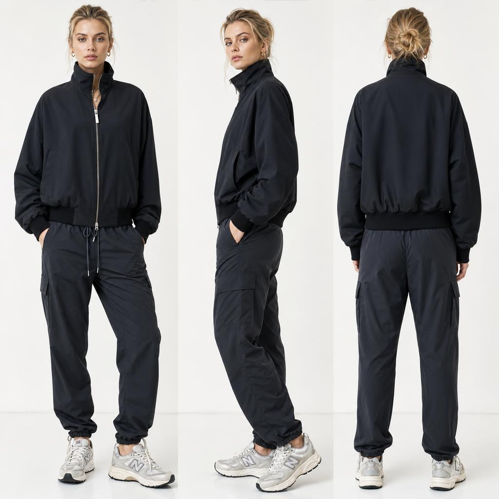 Black Jacquard Stand-Collar Women’s Casual Jacket: Textured Weave, Dropped Sleeves & Discreet Storage