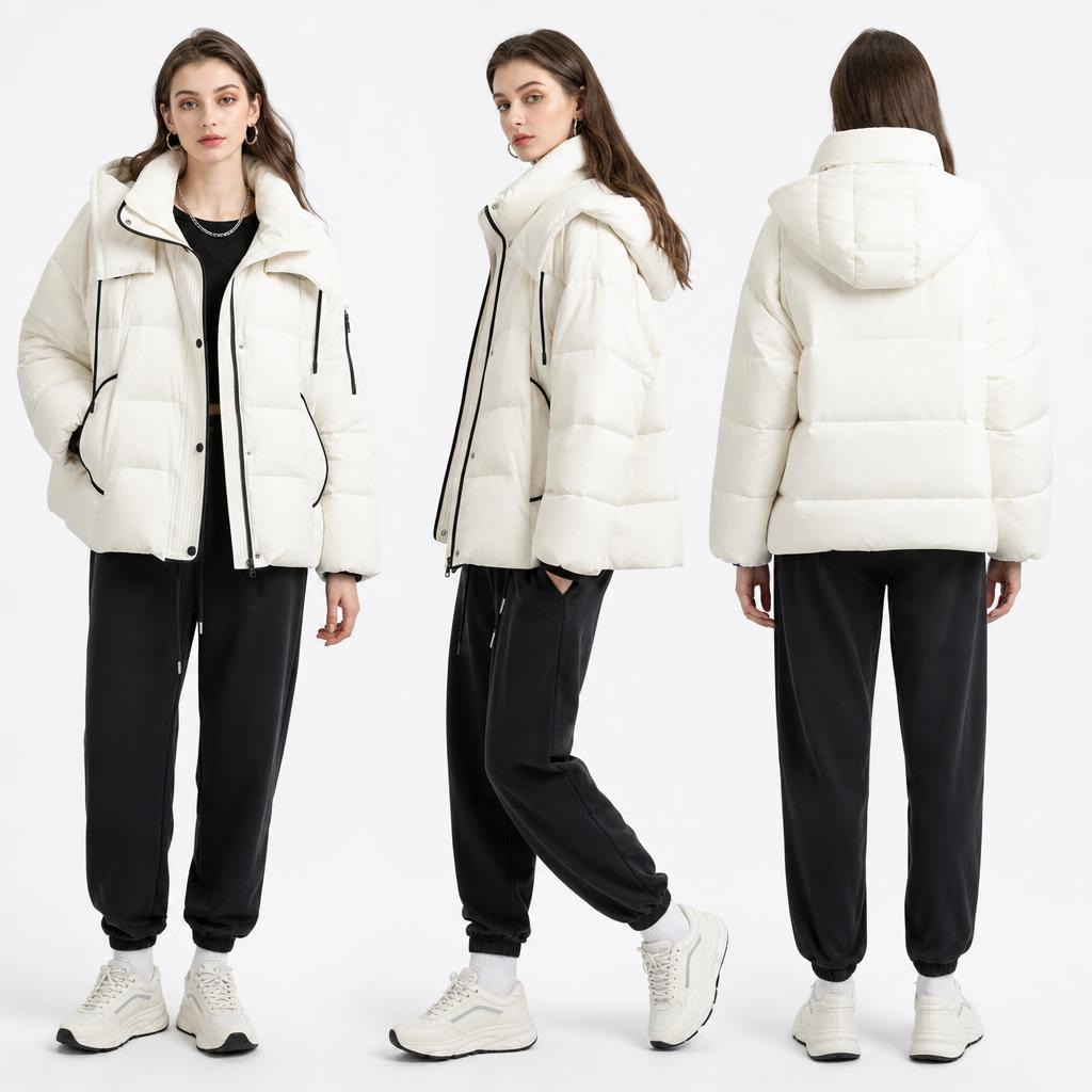 Women’s Cream - White Hooded Duck Down Jacket - Trendy Short - Style Winter Outerwear