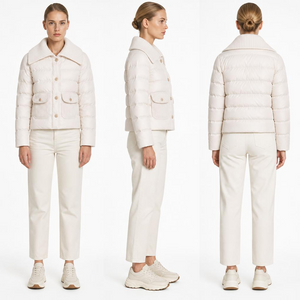 Women Cropped Light Puffer Jacket | Knit Wide Collar Off White Winter Coat