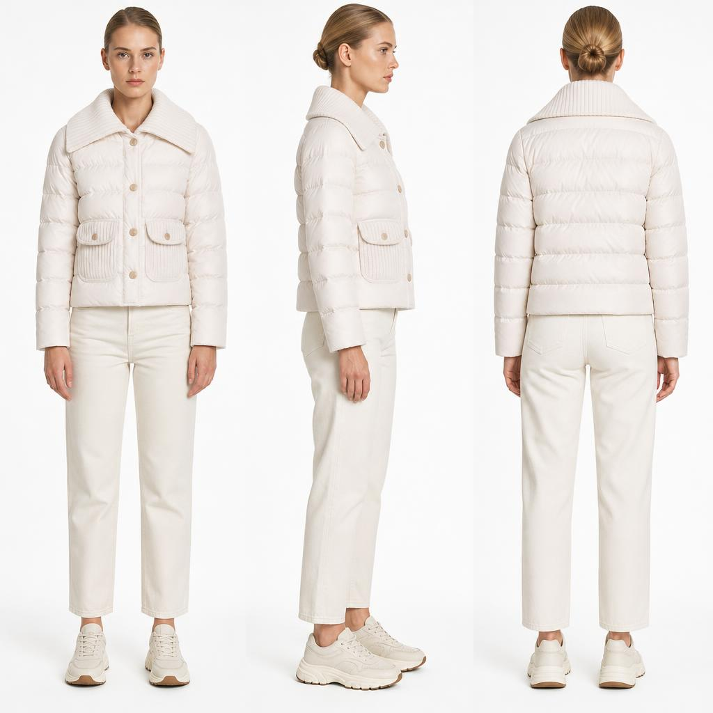 Women Cropped Light Puffer Jacket | Knit Wide Collar Off White Winter Coat
