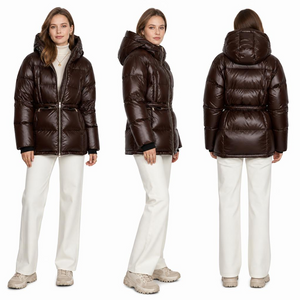 Dark Coffee Detachable Women’s Down Jacket: Convertible Length & Adjustable Waist