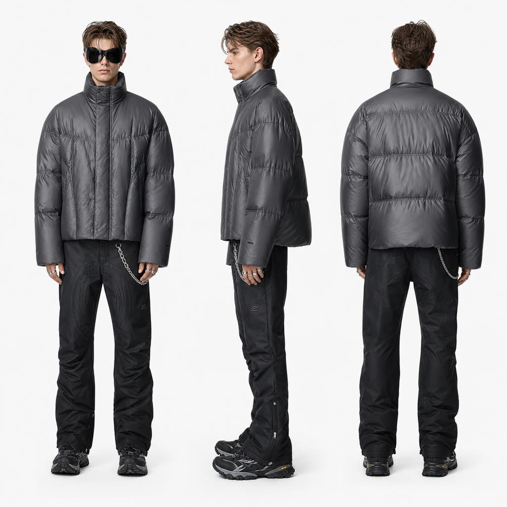 Jacket D&uacute;in Puffer Neamhshim&eacute;adrach na bhFear Airgid Liath: poileistir Windproof & Fit Adjustable