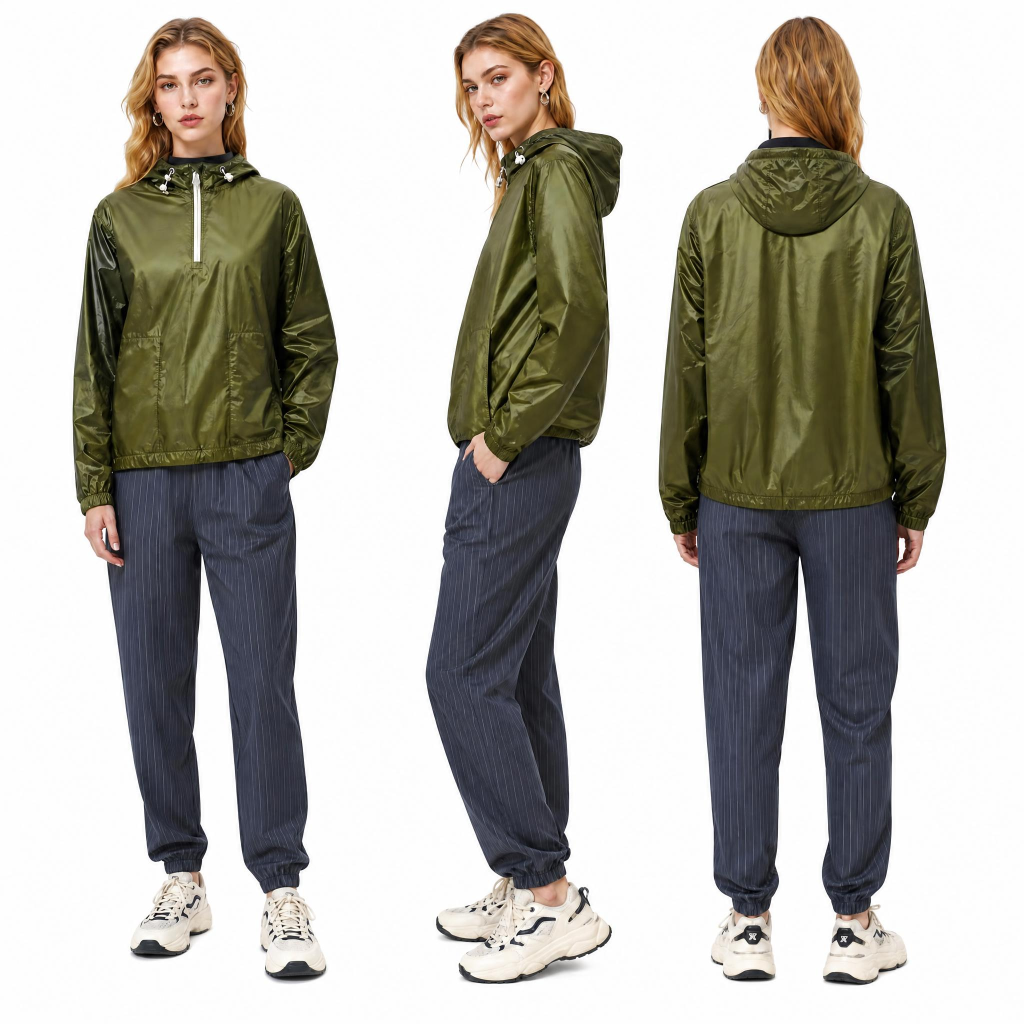 Classic Olive Green Ultra-Light Windproof Hooded Jacket: Women’s Water-Resistant Ribstop Nylon