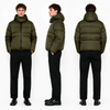 Men's Piping-Accented Short Puffer Coat with Velcro Hood Brim