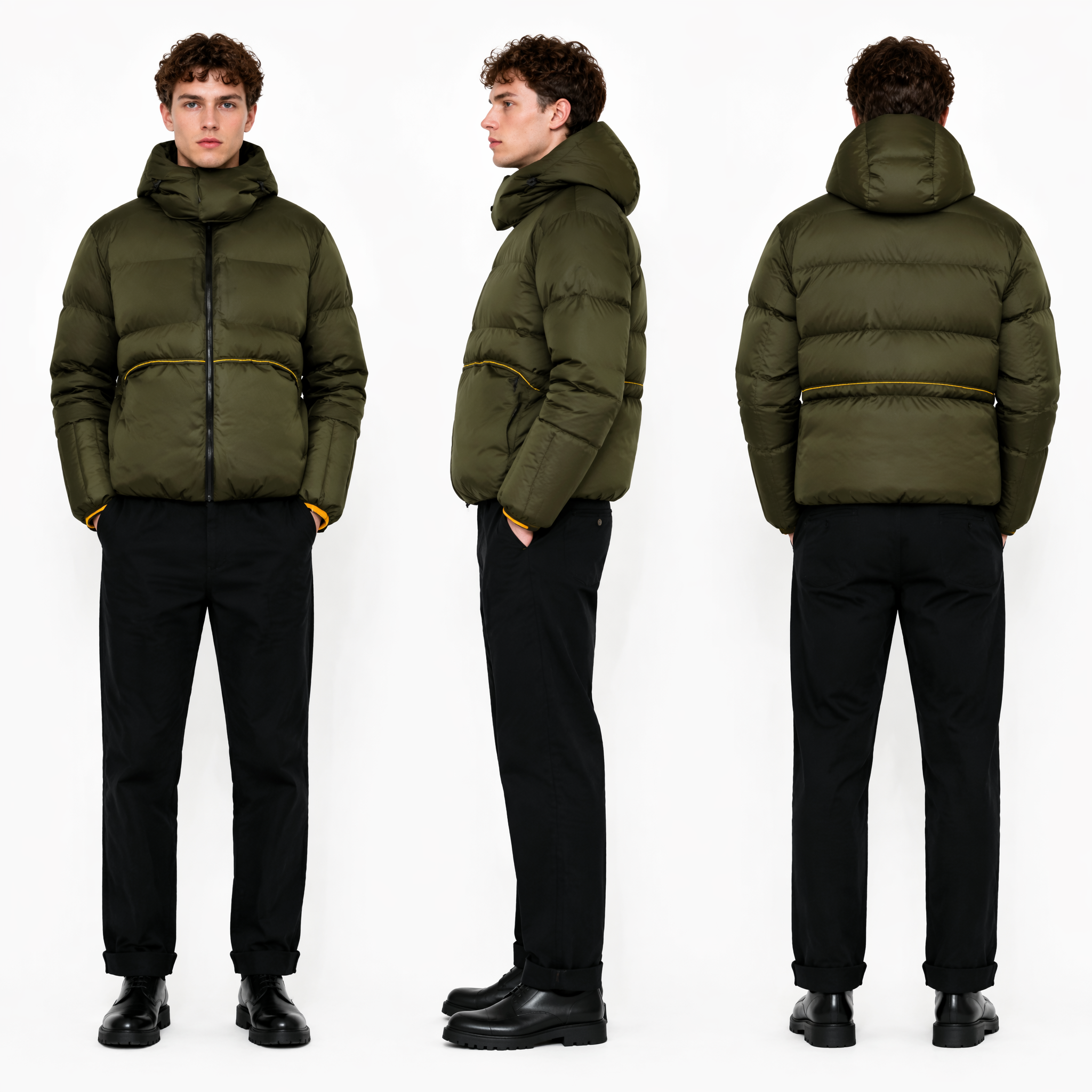 Men's Piping-Accented Short Puffer Coat with Velcro Hood Brim
