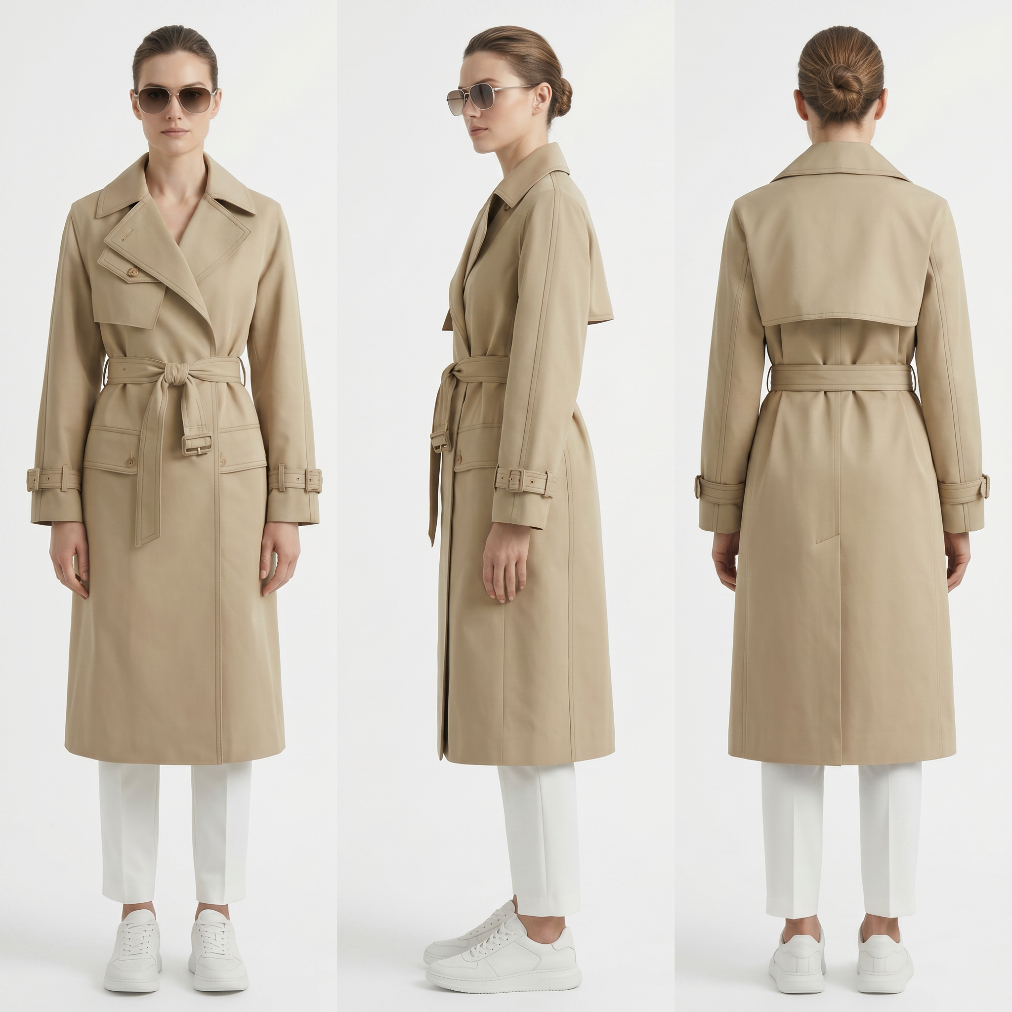 Women’s Convertible Long Trench Coat – Detachable Sleeve Water-Repellent Beige Trench Jacket