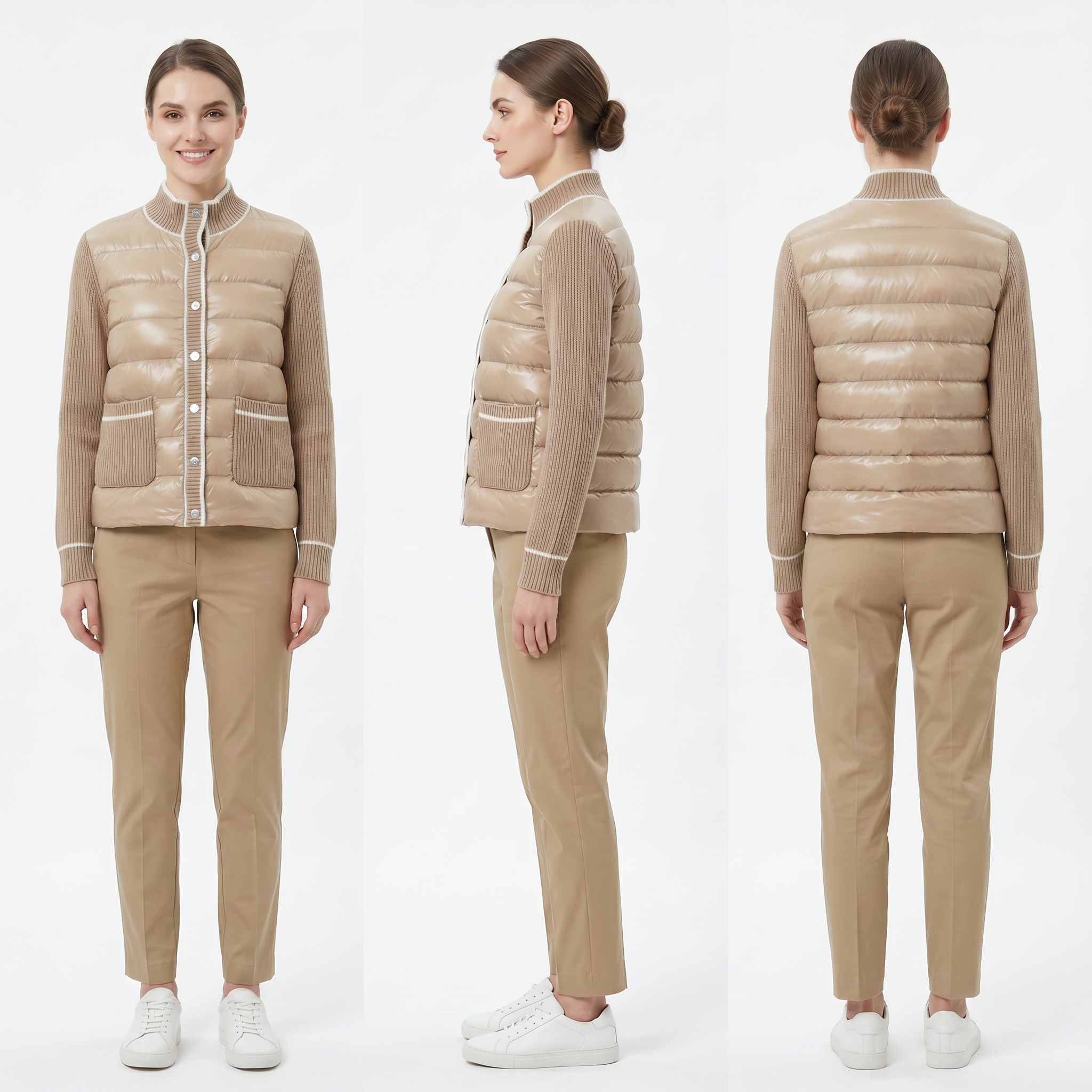 Women’s Hybrid Lacquer Nylon & Knit Quilted Jacket – Water-Repellent, Snap-Front, French-Inspired Minimalism