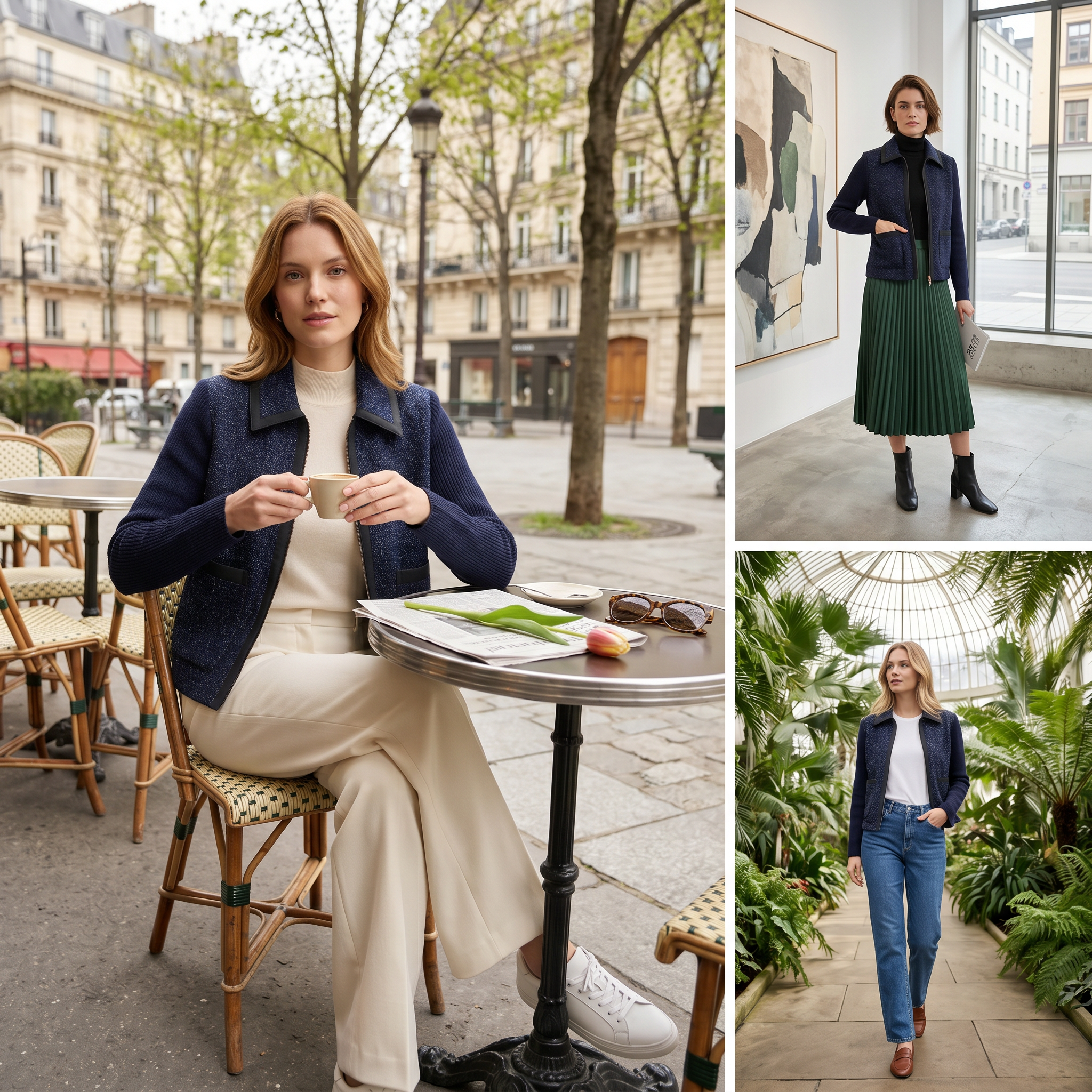 Parisian-Inspired Tweed-Knit Hybrid Jacket – Water-Repellent, Contrast Binding, Tailored Short Silhouette