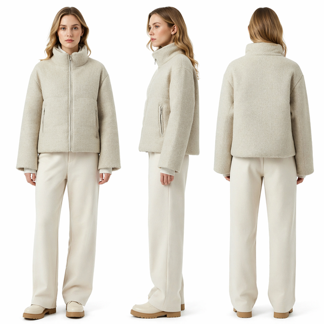 Tweed & Matte Mixed Short Puffer Coat with Contrast Double Stand Collar
