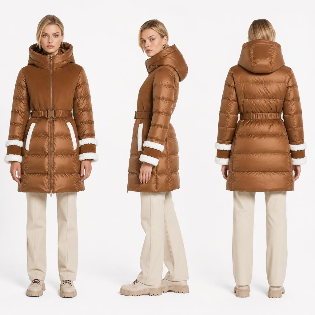 Caramel Brown Mid-Length Belted Padded Coat
