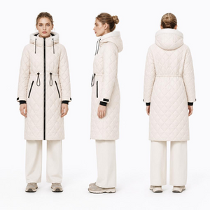 Long Diamond Quilted Hooded Padded Coat | Plush Lined Hood Drawstring Waist Winter Jacket