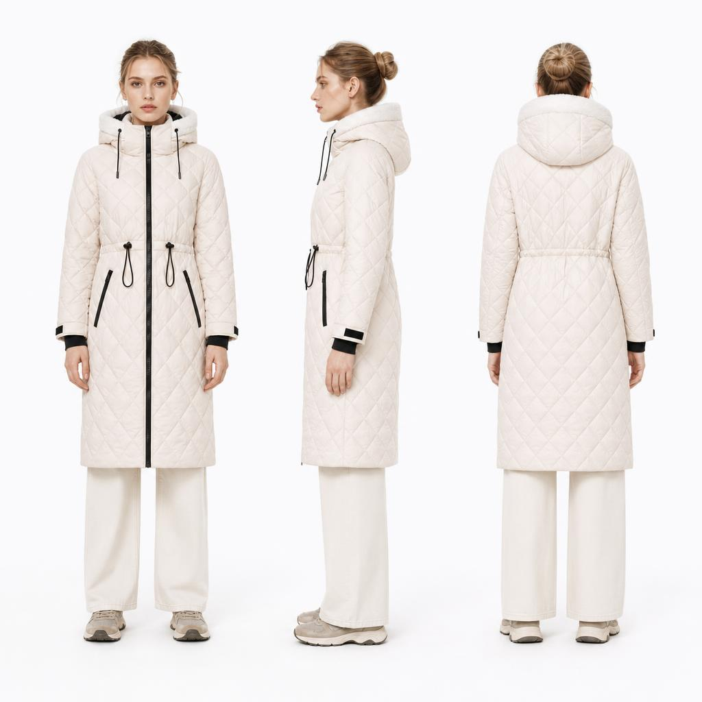 Long Diamond Quilted Hooded Padded Coat | Plush Lined Hood Drawstring Waist Winter Jacket