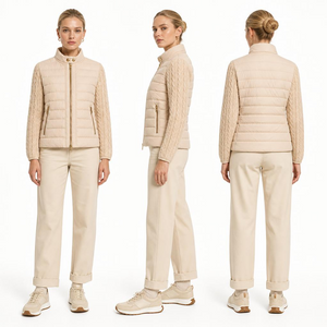 FW27 Women Hybrid Puffer Jacket | Cable Knit Sleeve Stand Collar Light Apricot Coat