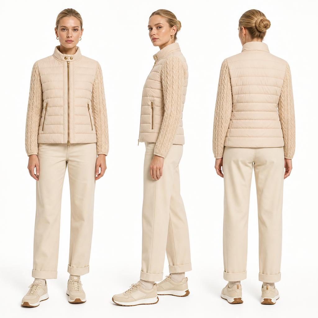 FW27 Women Hybrid Puffer Jacket | Cable Knit Sleeve Stand Collar Light Apricot Coat