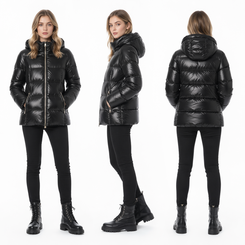 Lacquer Nylon Short Lightweight Puffer Coat with Adjustable Hood & Silver Zippers 