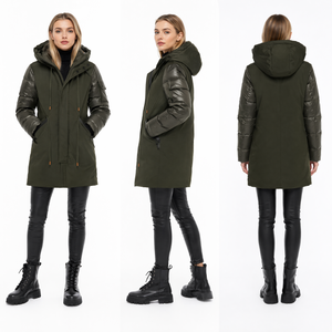 Matte & Lacquer Mixed Midi-Length Parka Coat with Left Sleeve Pocket