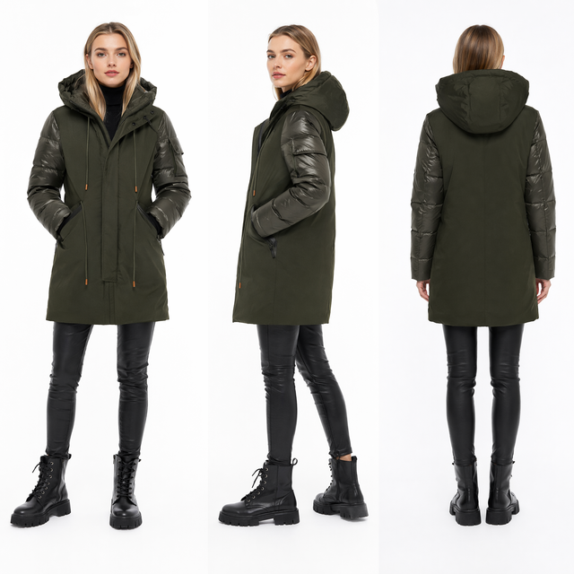 Matte & Lacquer Mixed Midi-Length Parka Coat with Left Sleeve Pocket