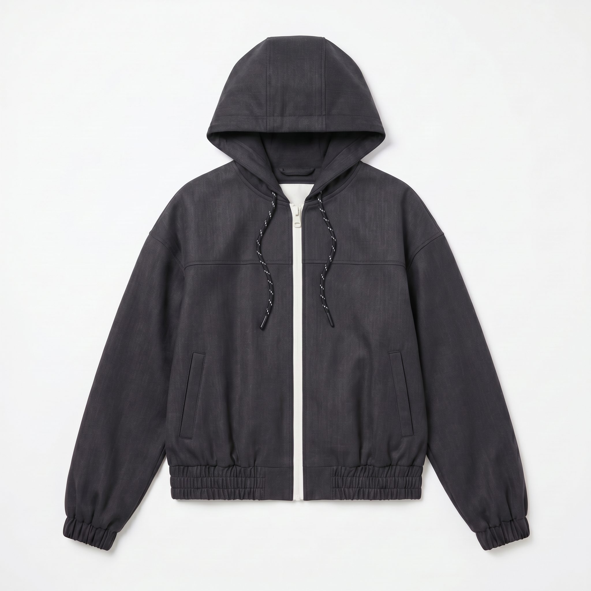 Women’s Boxy Hooded Bomber Jacket – Faux Denim Twill, Water-Repellent, Urban Relaxed Fit