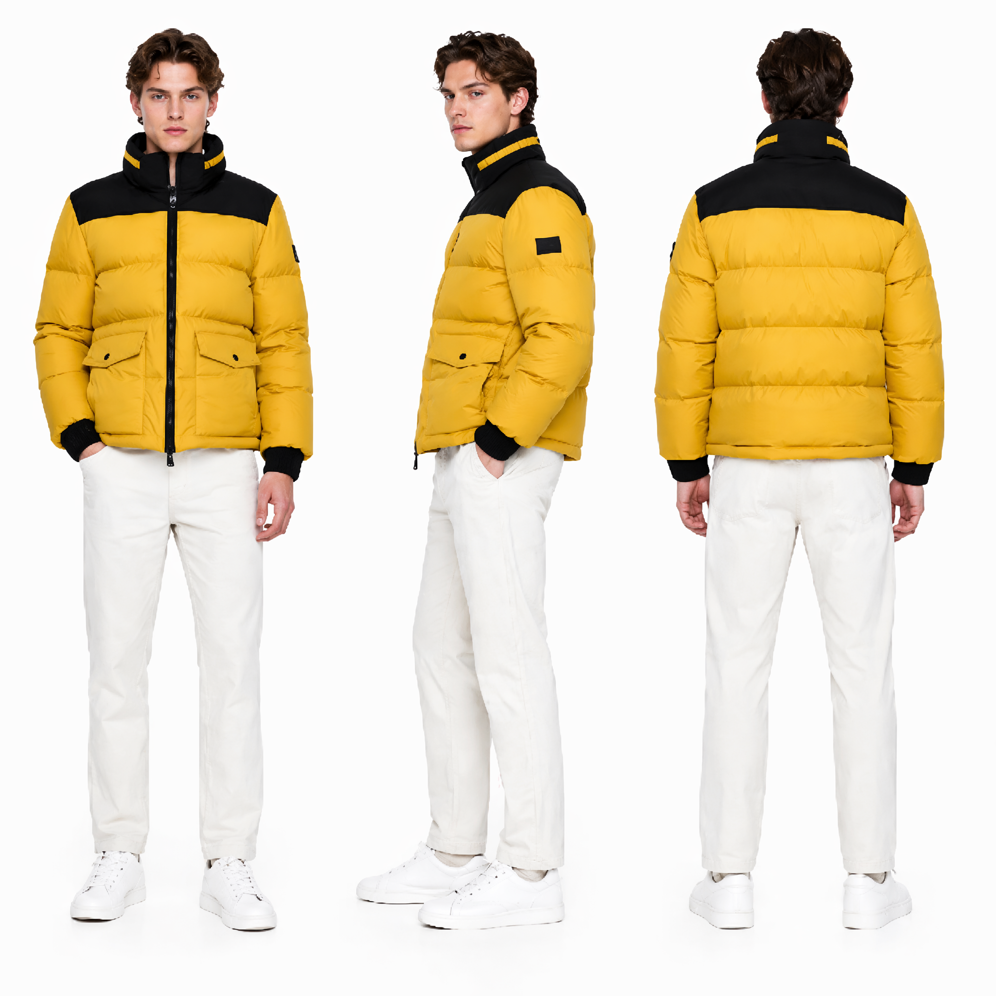 Matte & Lacquer Mixed Short Puffer Coat with Detachable Sleeves