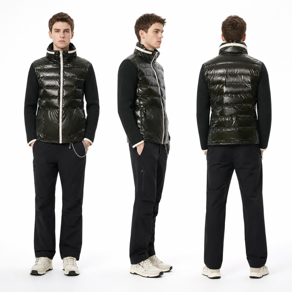 Men’s Hybrid Shiny Lacquer Nylon Knit Jacket | Hidden Hood Fake Down Stand‑Collar Urban Coat