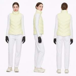 Women’s Pale Yellow Chevron-Quilted Stand-Collar Training Vest: Fitted Waist & Water-Resistant Down Insulation