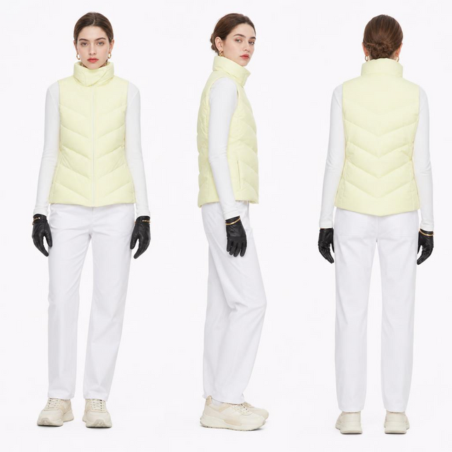 Women’s Pale Yellow Chevron-Quilted Stand-Collar Training Vest: Fitted Waist & Water-Resistant Down Insulation