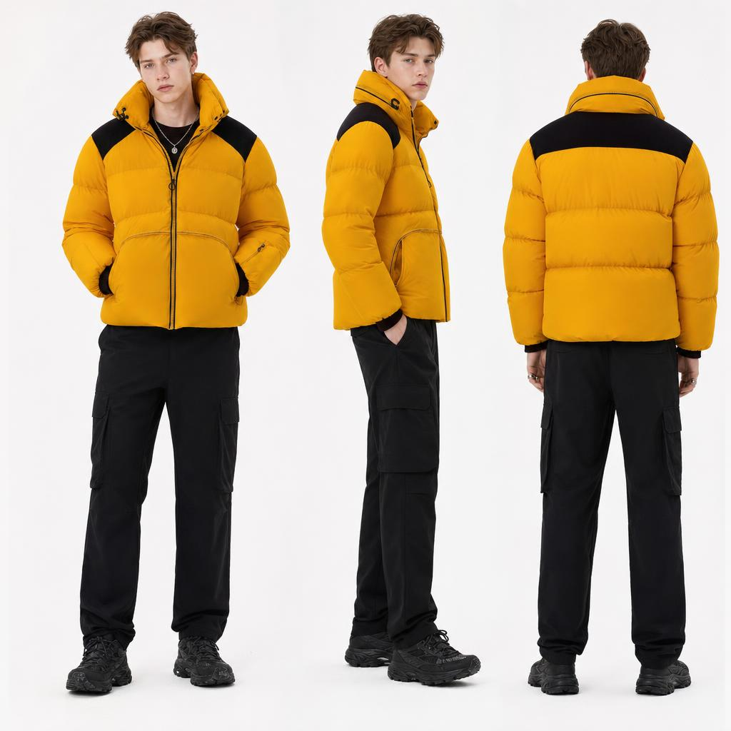 Men Yellow Black Color‑Block Short Puffer Coat