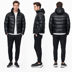 Men’s Black Shiny Nylon Water-Resistant Puffer Jacket: Lightweight Fake Down & Adjustable Hood