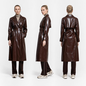 Women’s Glossy PU Coated Trench Raincoat – Burgundy Waterproof Long Outerwear