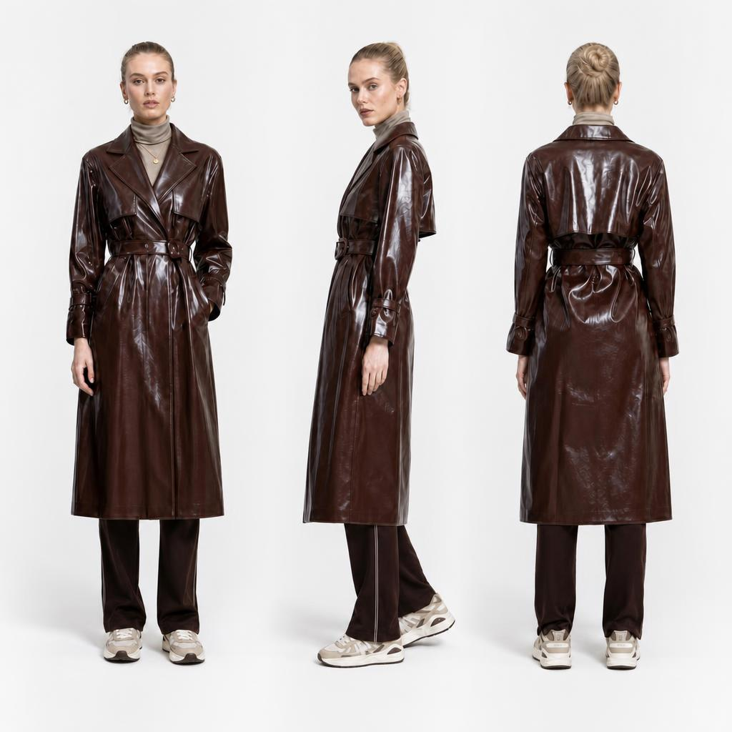 Women’s Glossy PU Coated Trench Raincoat – Burgundy Waterproof Long Outerwear