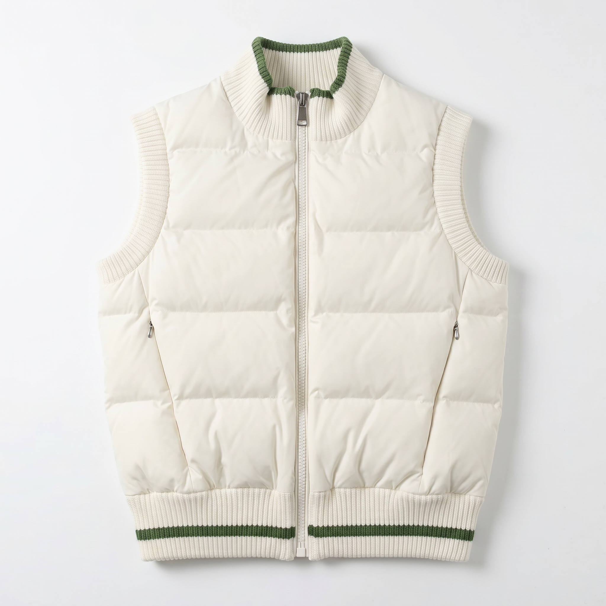 Women’s Knit-Trimmed Water-Repellent Puffer Vest – Mixed Woven-Knit Fabric, Contrast Stripe Details, Packable Fake Down