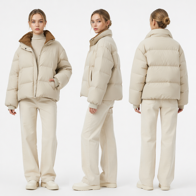 Corduroy & Matte Mixed Short Puffer Coat - Contrast Double Stand Collar Water-Repellent 
