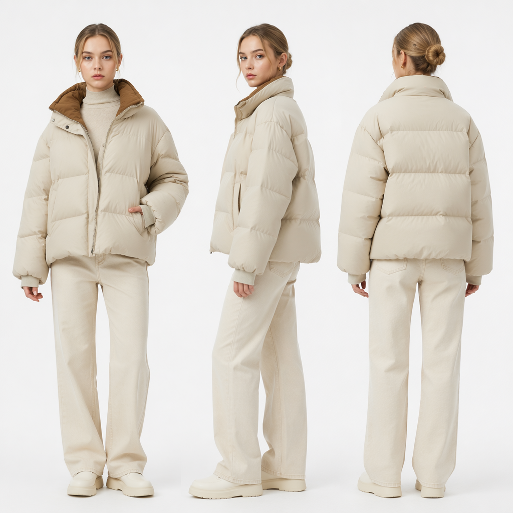Kot Puffer Pendek Campuran Corduroy & Matte - Kontras Kolar Pendirian Ganda Tahan Air 