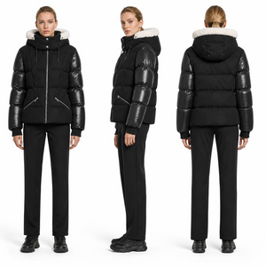 Women Cropped Hooded Puffer Jacket | Matte & Shiny Contrast Coat with Faux Shearling Collar