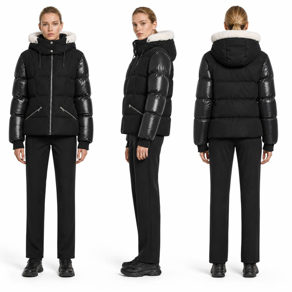 Women Cropped Hooded Puffer Jacket | Matte & Shiny Contrast Coat with Faux Shearling Collar