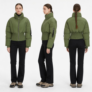 Women’s Army Green Corset Puffer Jacket: Cropped Silhouette & Functional Metal Details