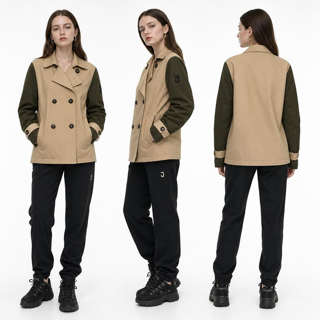 Color-Blocked Short Trench Coat with Diamond-Quilted Back