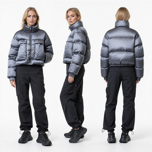 Women’s Metallic Cropped Puffer Coat - Futuristic 3D Pocket Winter Outerwear