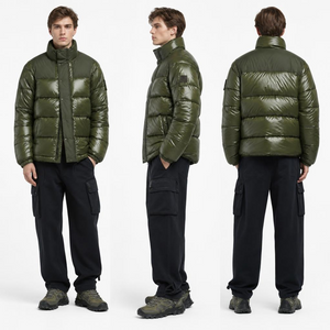 Army Green Men’s Quilted Puffer Jacket: Nylon Shell & Adjustable Hem
