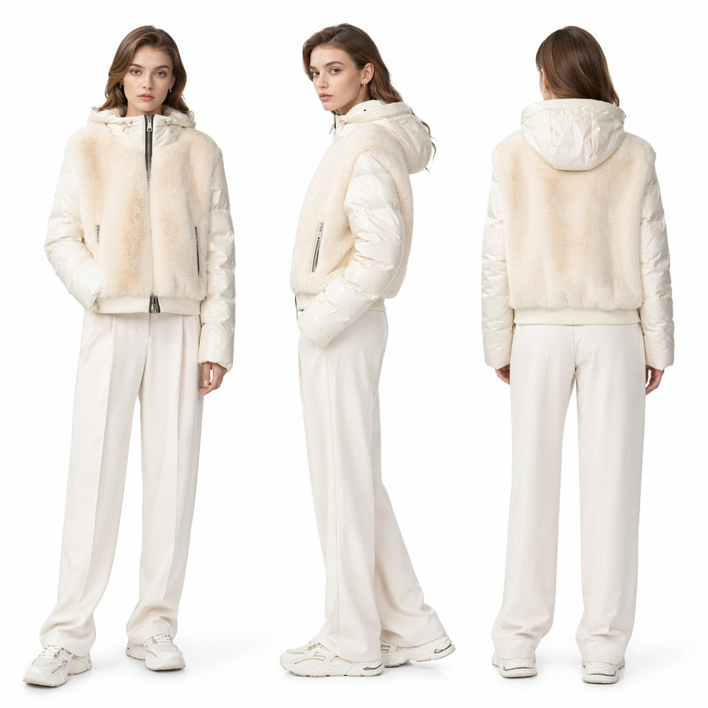 Cream Fur & Glossy Lacquer Short Puffer Coat
