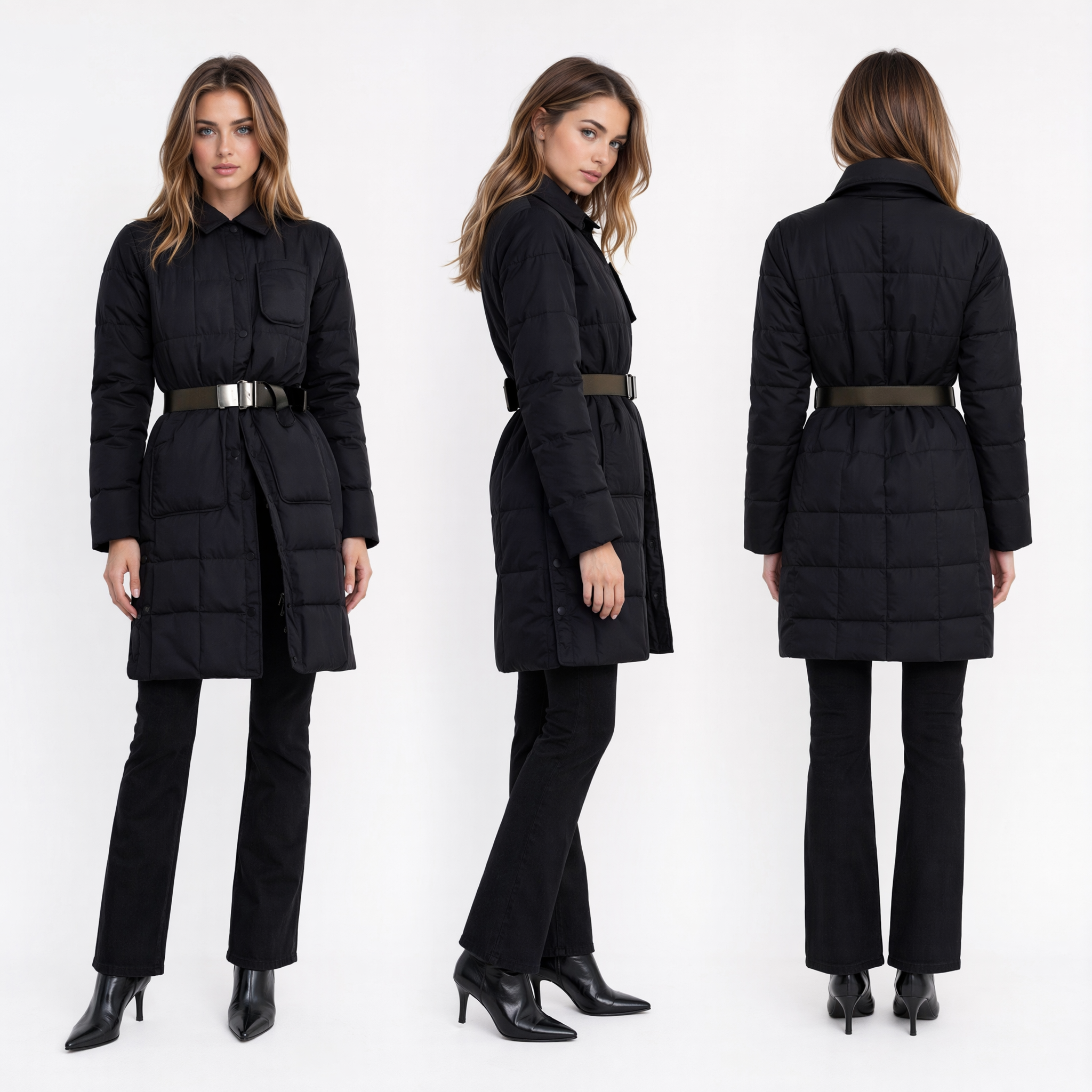 3-in-1 Convertible Down Jacket | Detachable Zipper Sleeves, Check Quilting & PU Belt
