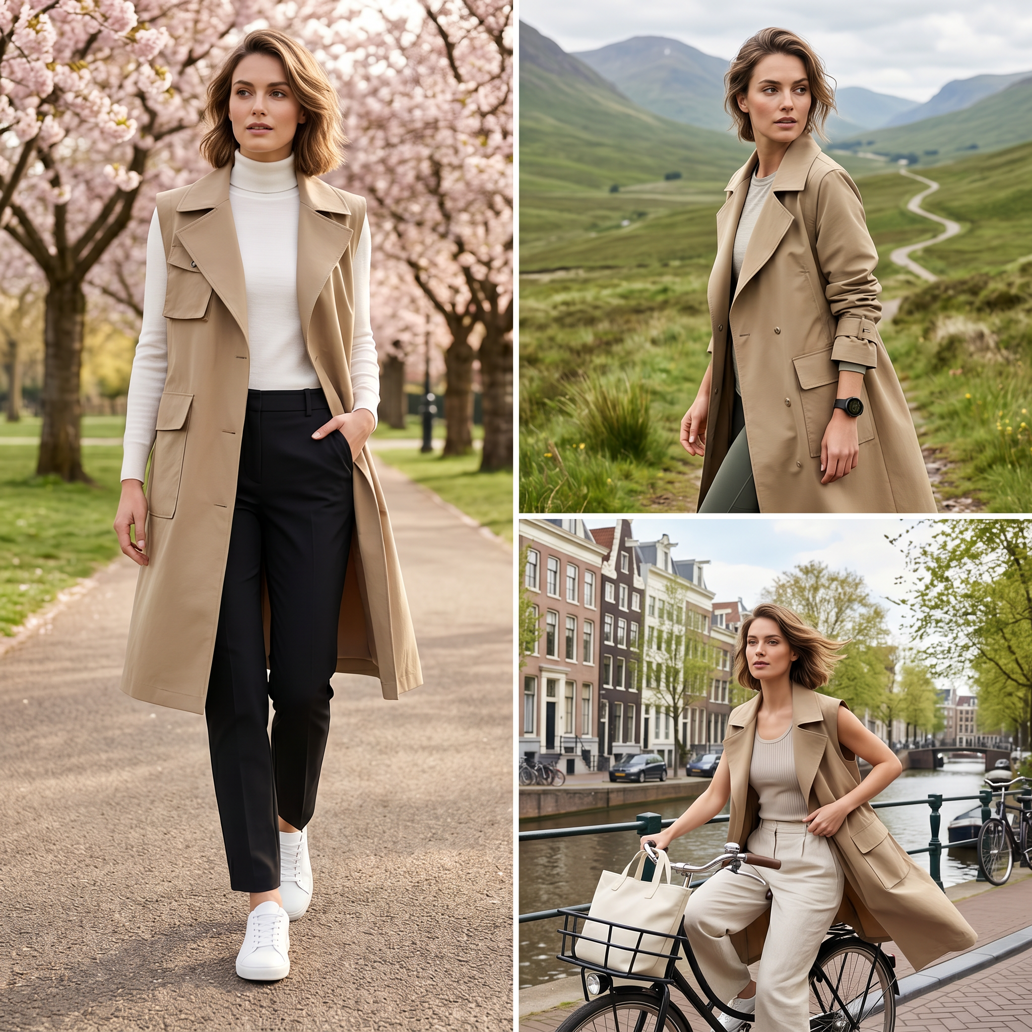 Women’s Convertible Long Trench Coat – Detachable Sleeve Water-Repellent Beige Trench Jacket