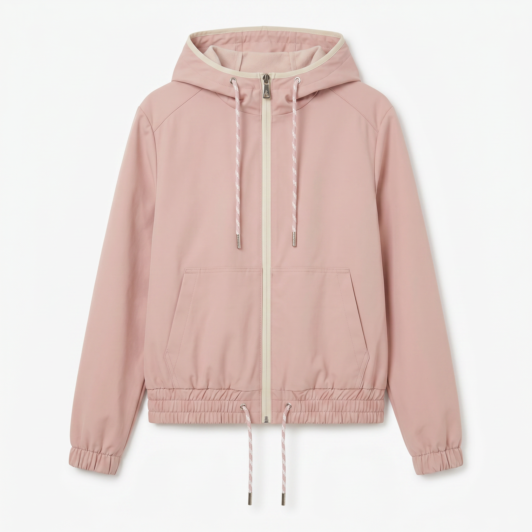Women’s Pastel Pink Hooded Anorak Jacket – Tweed-Mixed Woven, Water-Repellent, Casual Parisian Style