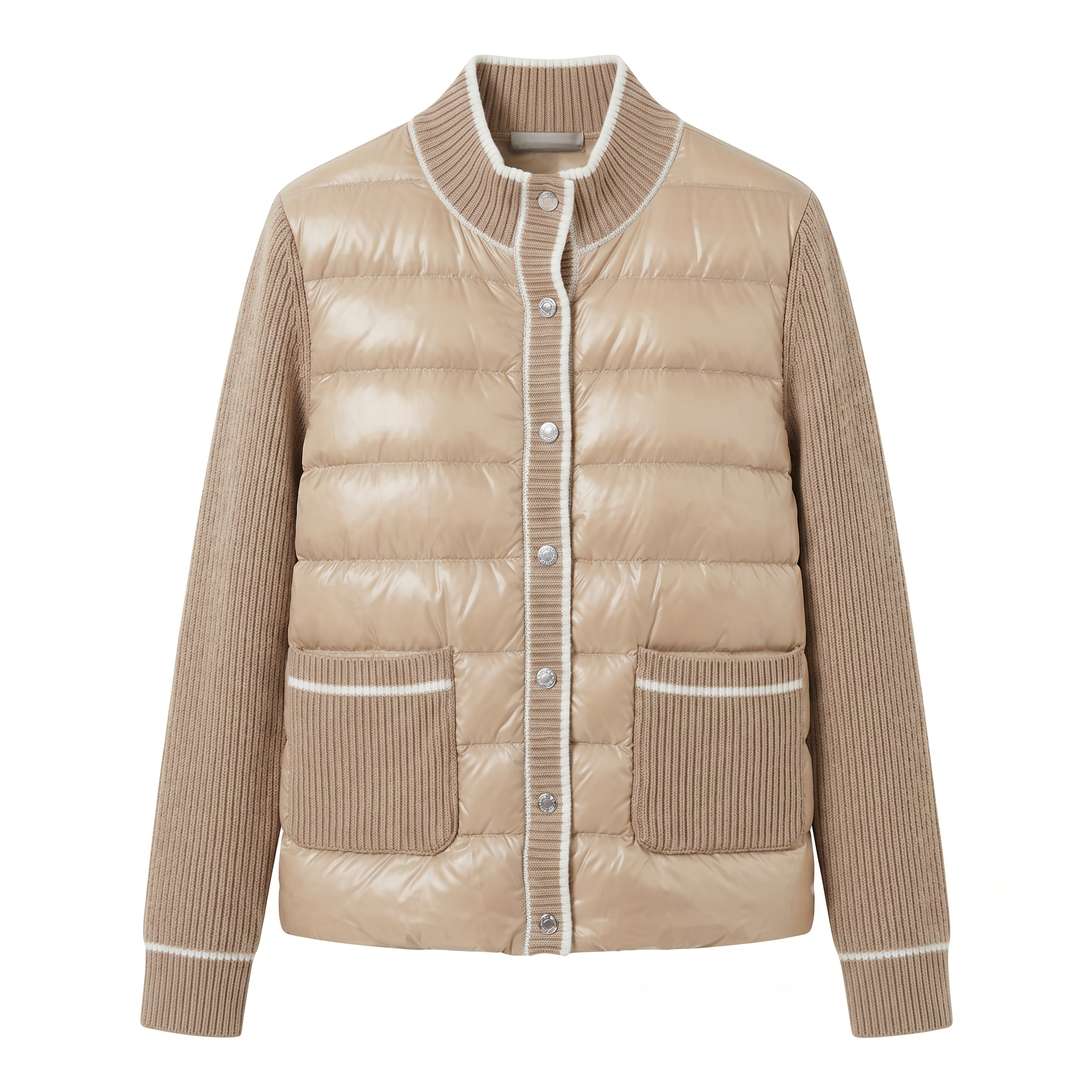 Women’s Hybrid Lacquer Nylon & Knit Quilted Jacket – Water-Repellent, Snap-Front, French-Inspired Minimalism