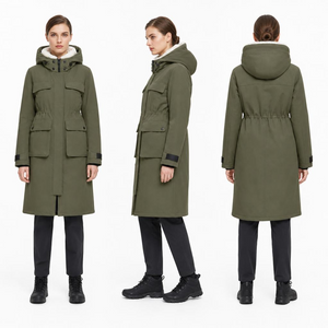Long Workwear Parka Padded Coat | Shearling Lined Hood Adjustable Waist Army Green