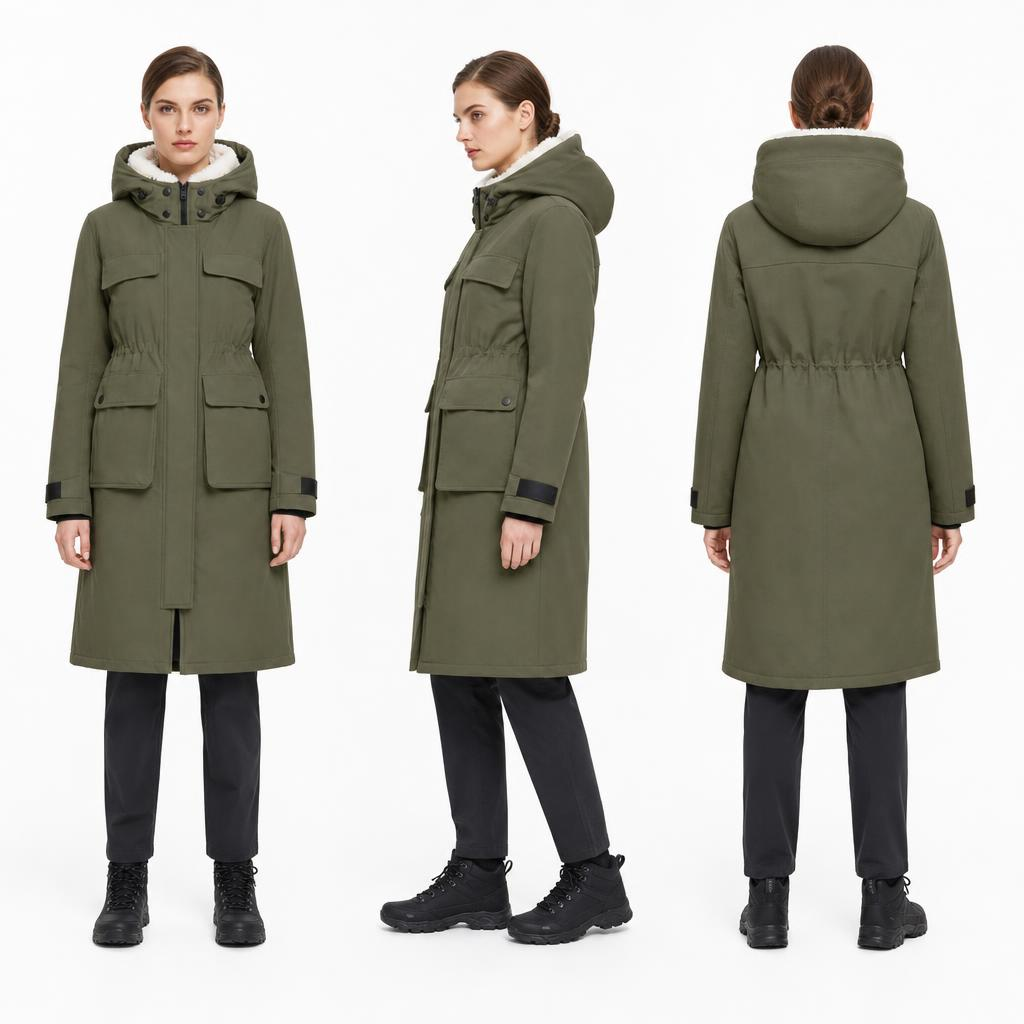 Long Workwear Parka Padded Coat | Shearling Lined Hood Adjustable Waist Army Green
